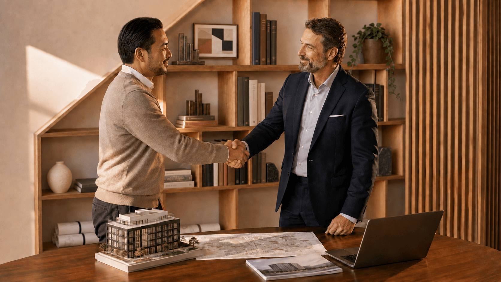 Two commercial real estate principals shaking hands over a property model and market maps